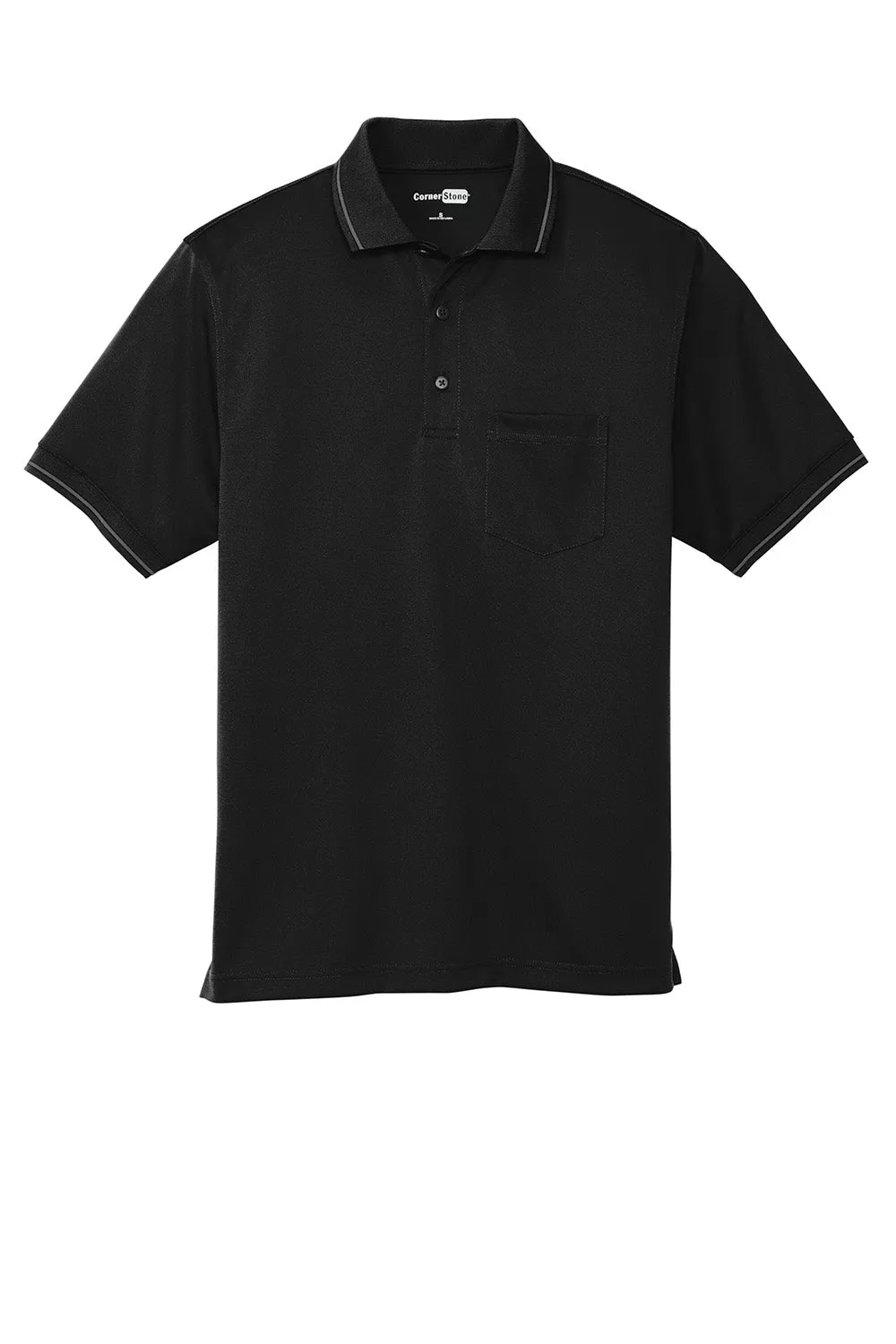 CornerStone Mens Select Moisture Wicking Short Sleeve Polo Shirt w/ Pocket - Black/Smoke Grey