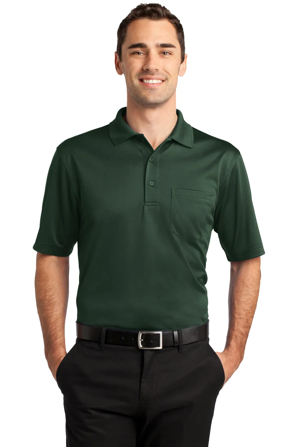 CornerStone Mens Select Moisture Wicking Short Sleeve Polo Shirt w/ Pocket - Dark Green - Closeout