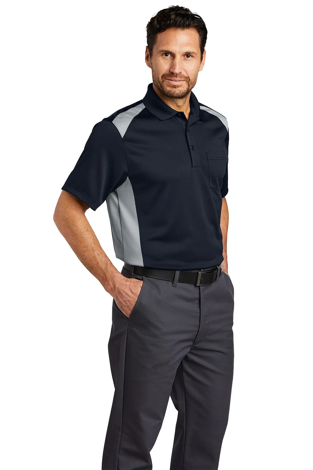 CornerStone Mens Select Moisture Wicking Short Sleeve Polo Shirt w/ Pocket - Dark Navy Blue/Light Grey