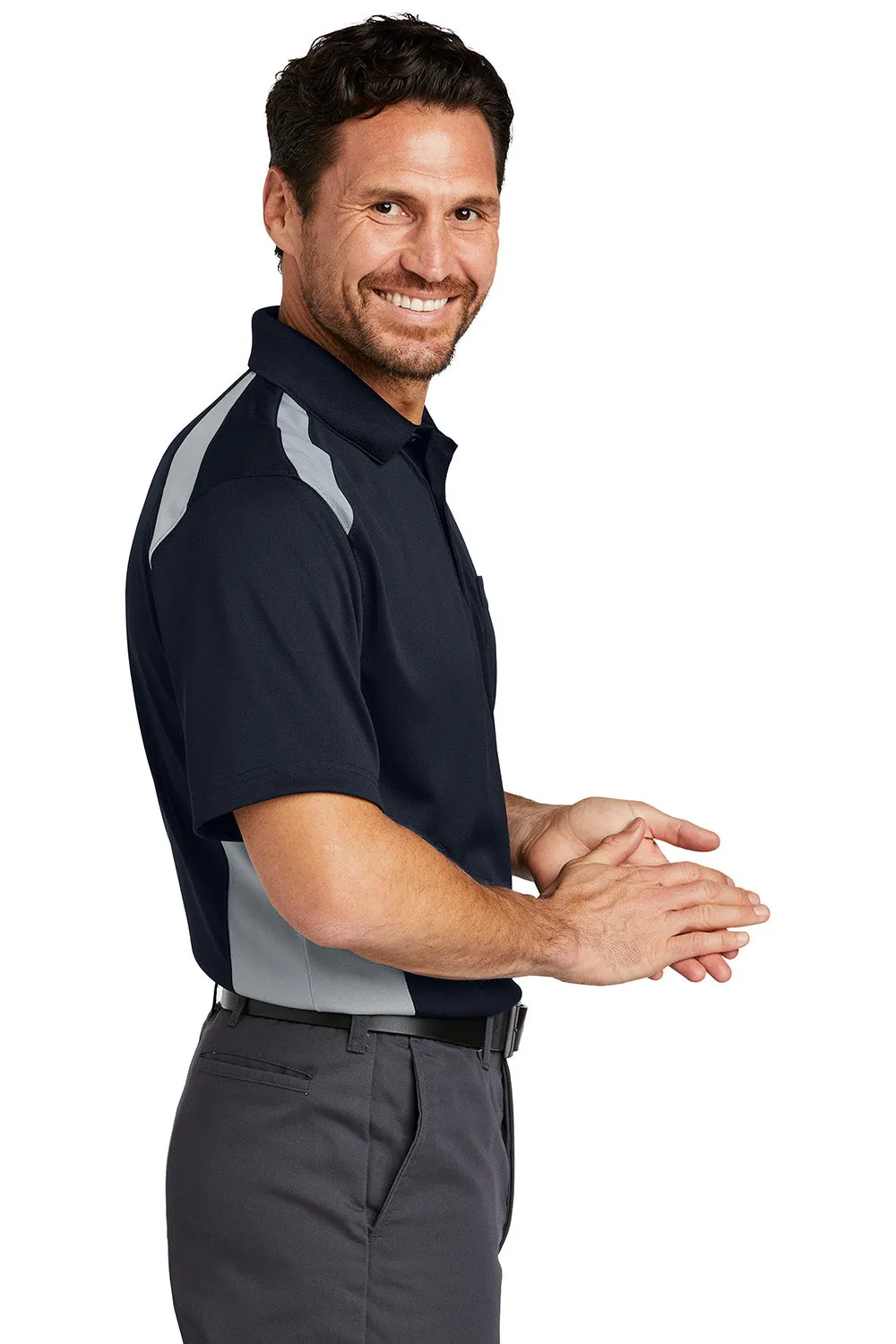 CornerStone Mens Select Moisture Wicking Short Sleeve Polo Shirt w/ Pocket - Dark Navy Blue/Light Grey