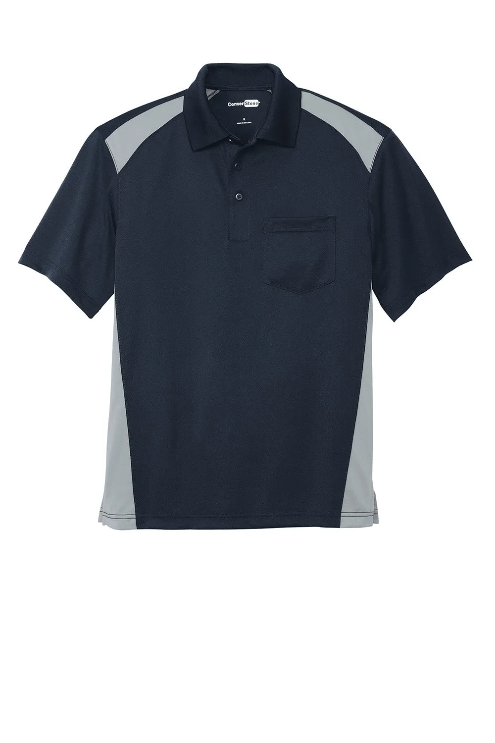 CornerStone Mens Select Moisture Wicking Short Sleeve Polo Shirt w/ Pocket - Dark Navy Blue/Light Grey