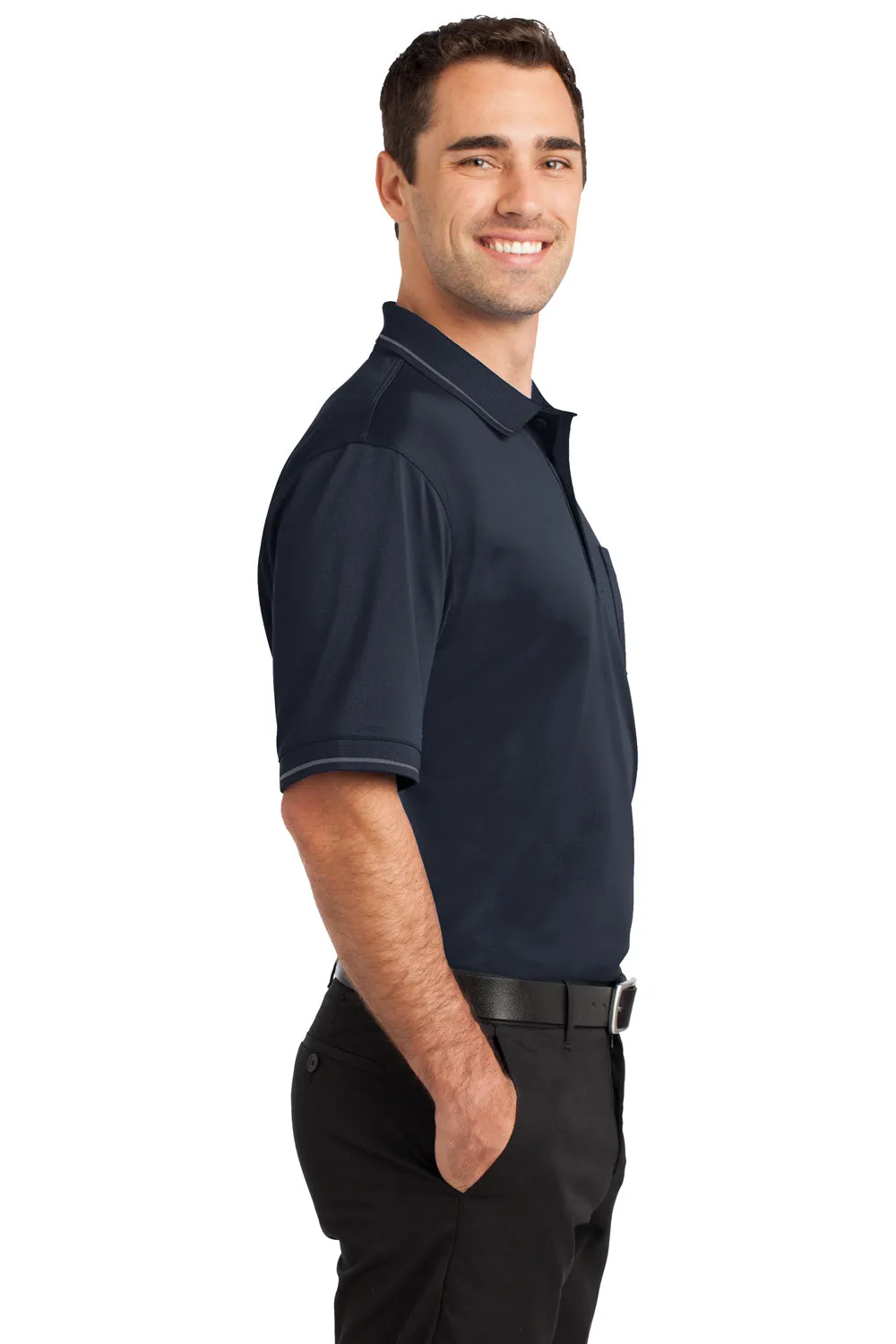 CornerStone Mens Select Moisture Wicking Short Sleeve Polo Shirt w/ Pocket - Dark Navy Blue/Smoke Grey - Closeout