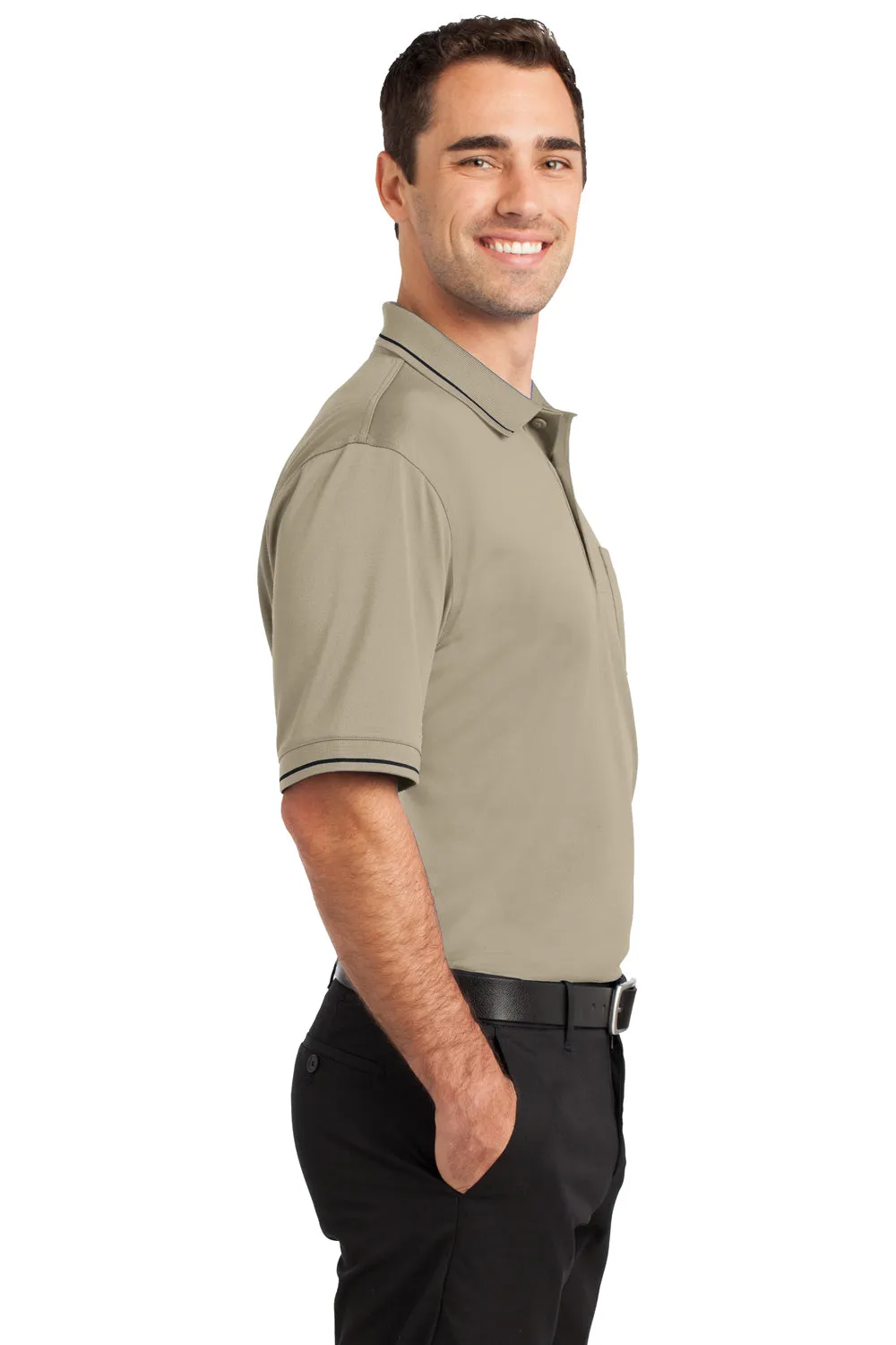 CornerStone Mens Select Moisture Wicking Short Sleeve Polo Shirt w/ Pocket - Tan/Black - Closeout