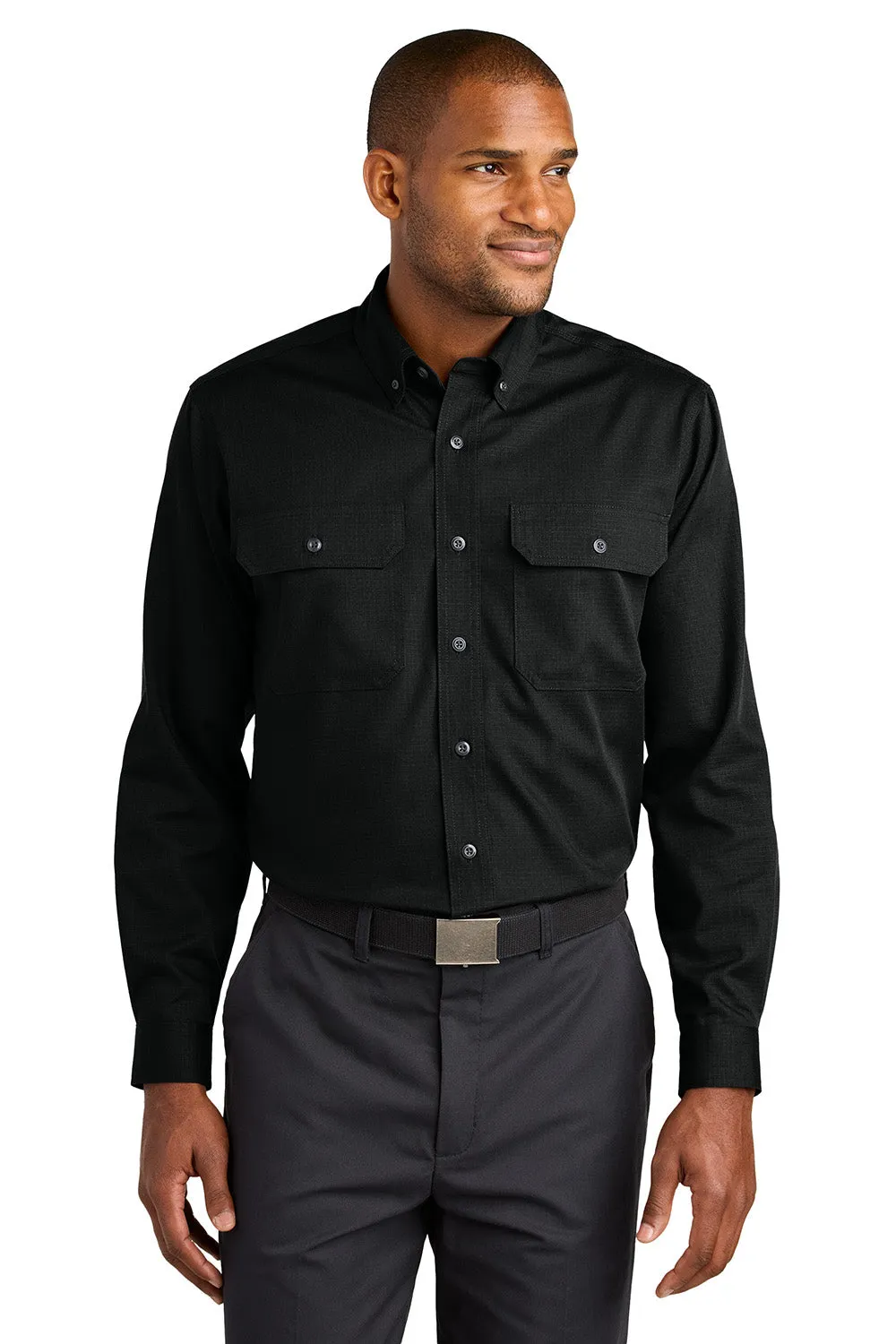 CornerStone Mens Select Ripstop Stain Resistant Long Sleeve Button Down Shirt w/ Pockets - Black