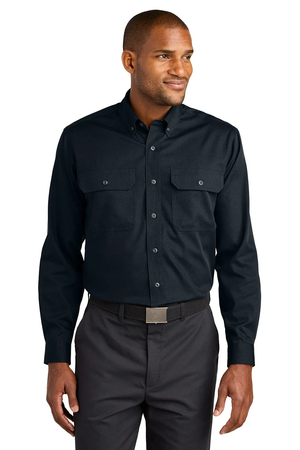 CornerStone Mens Select Ripstop Stain Resistant Long Sleeve Button Down Shirt w/ Pockets - Navy Blue