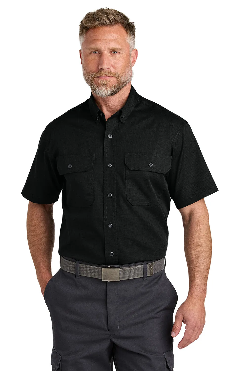 CornerStone Mens Select Ripstop Stain Resistant Short Sleeve Button Down Shirt w/ Pockets - Black