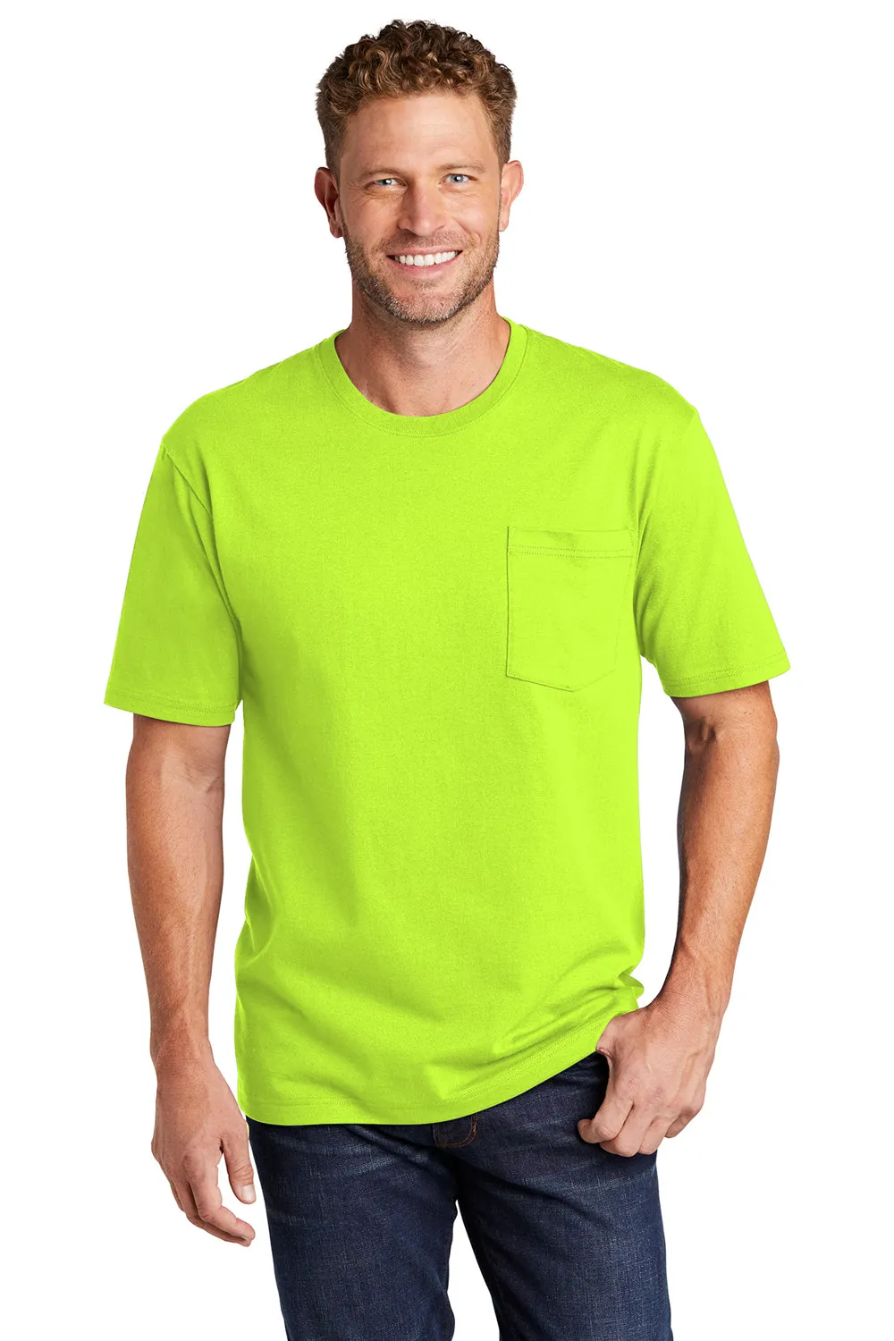 CornerStone Mens Short Sleeve Crewneck T-Shirt w/ Pocket - Safety Green