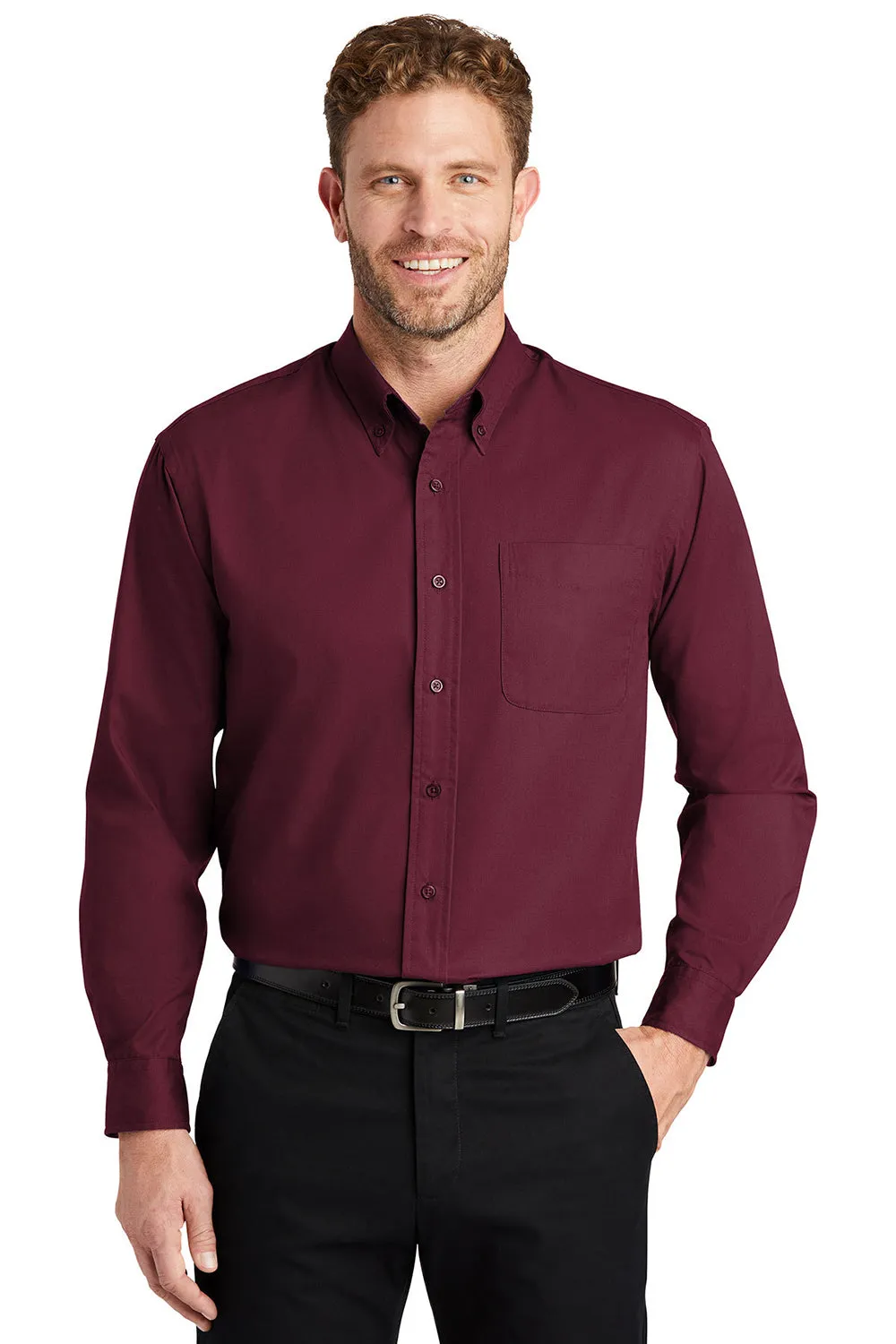 CornerStone Mens SuperPro Stain Resistant Long Sleeve Button Down Shirt w/ Pocket - Burgundy - Closeout