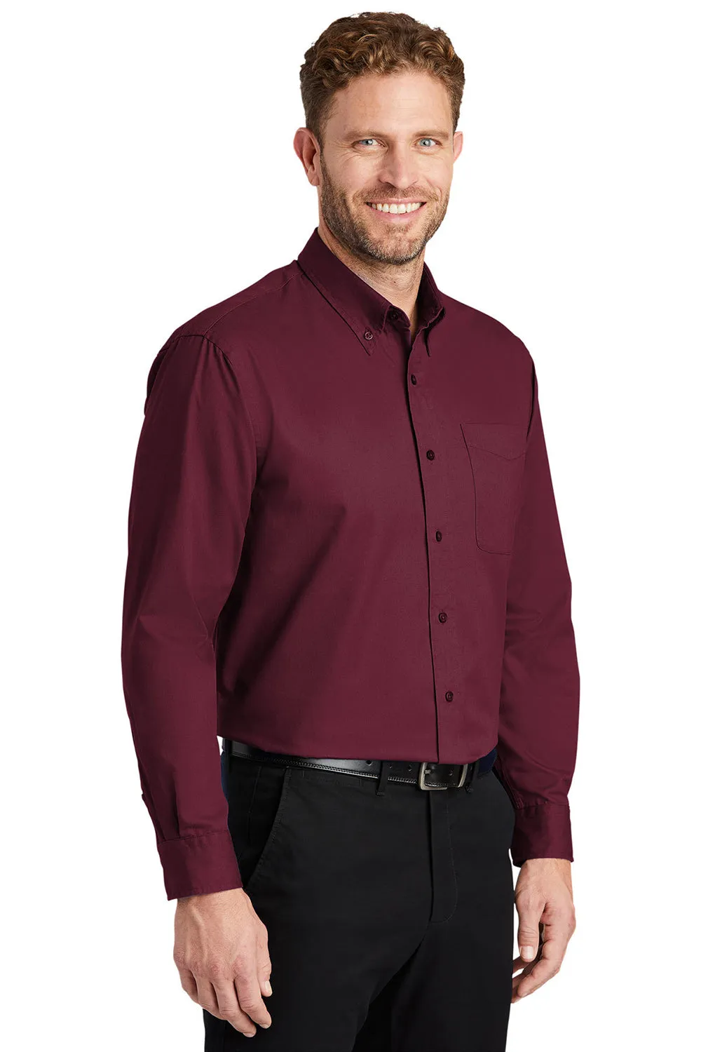 CornerStone Mens SuperPro Stain Resistant Long Sleeve Button Down Shirt w/ Pocket - Burgundy - Closeout