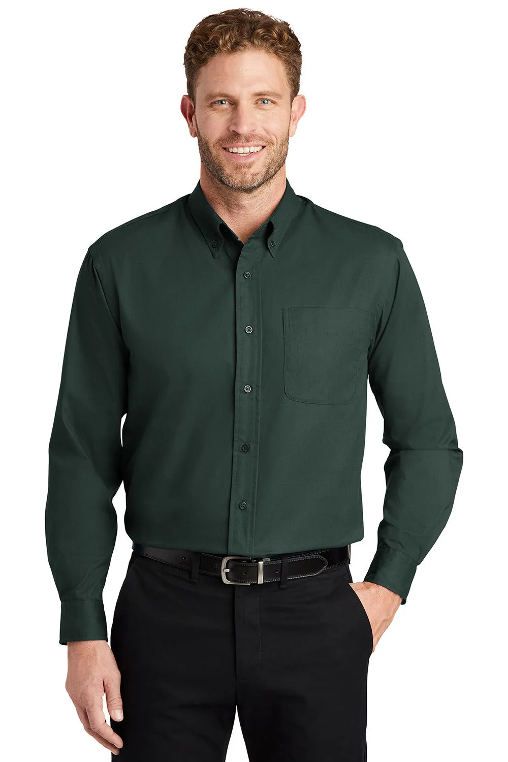 CornerStone Mens SuperPro Stain Resistant Long Sleeve Button Down Shirt w/ Pocket - Dark Green - Closeout