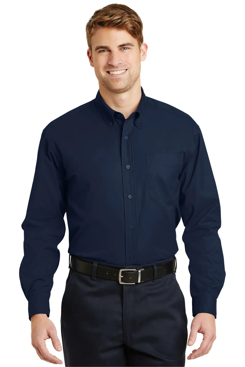 CornerStone Mens SuperPro Stain Resistant Long Sleeve Button Down Shirt w/ Pocket - Navy Blue - Closeout