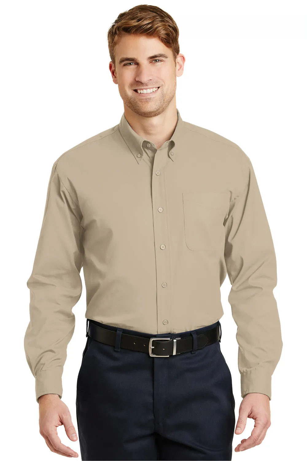 CornerStone Mens SuperPro Stain Resistant Long Sleeve Button Down Shirt w/ Pocket - Stone Brown - Closeout