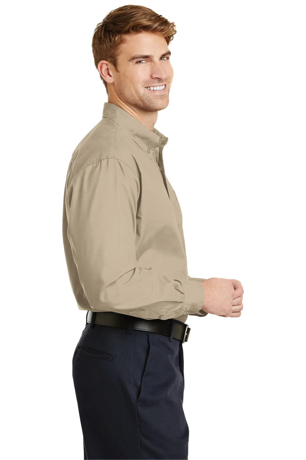 CornerStone Mens SuperPro Stain Resistant Long Sleeve Button Down Shirt w/ Pocket - Stone Brown - Closeout