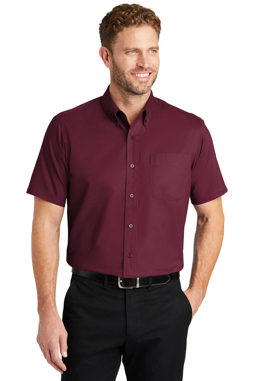 CornerStone Mens SuperPro Stain Resistant Short Sleeve Button Down Shirt w/ Pocket - Burgundy - Closeout