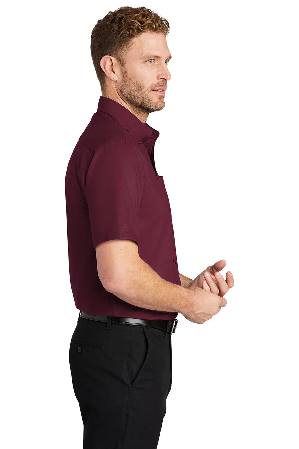 CornerStone Mens SuperPro Stain Resistant Short Sleeve Button Down Shirt w/ Pocket - Burgundy - Closeout