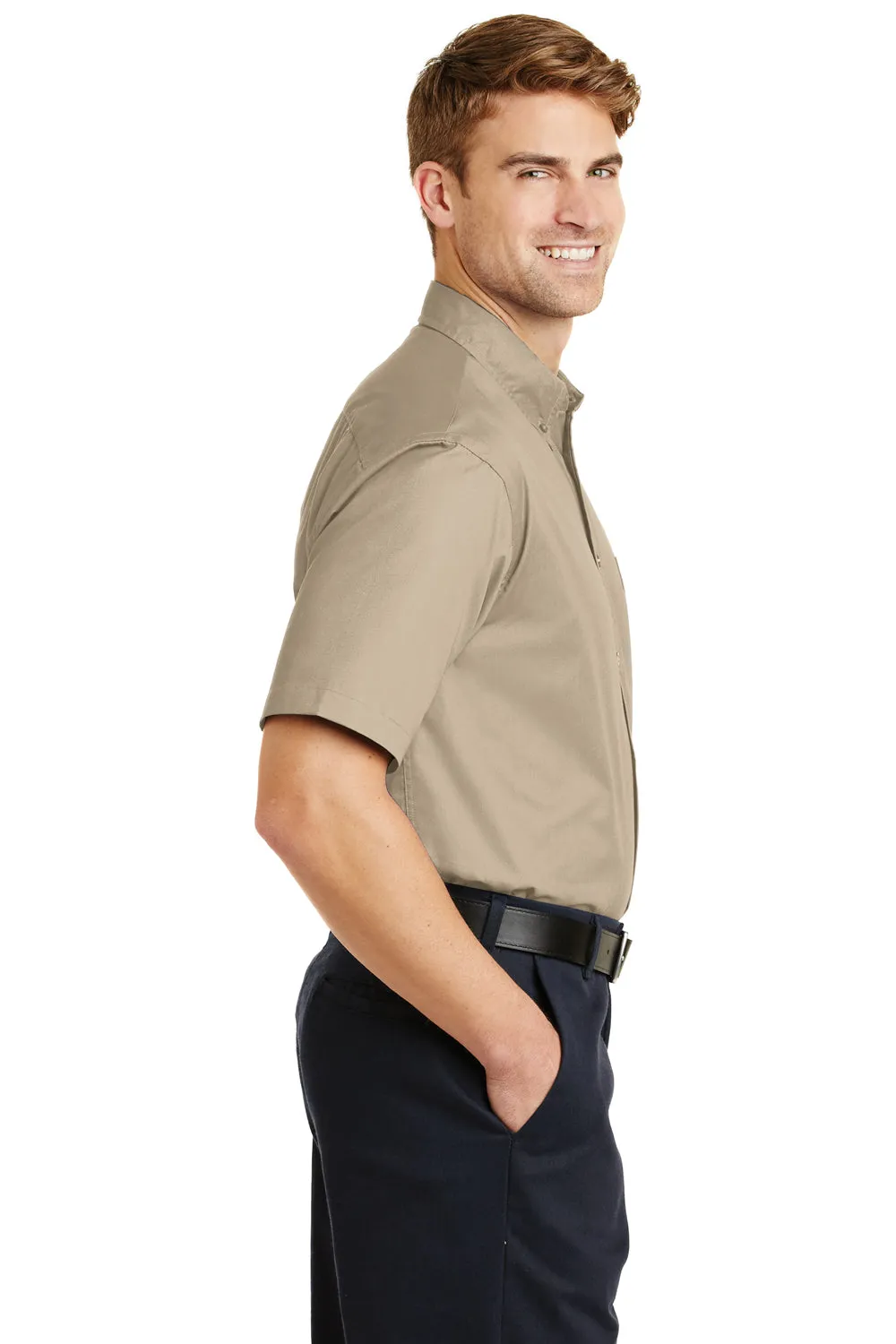 CornerStone Mens SuperPro Stain Resistant Short Sleeve Button Down Shirt w/ Pocket - Stone Brown - Closeout