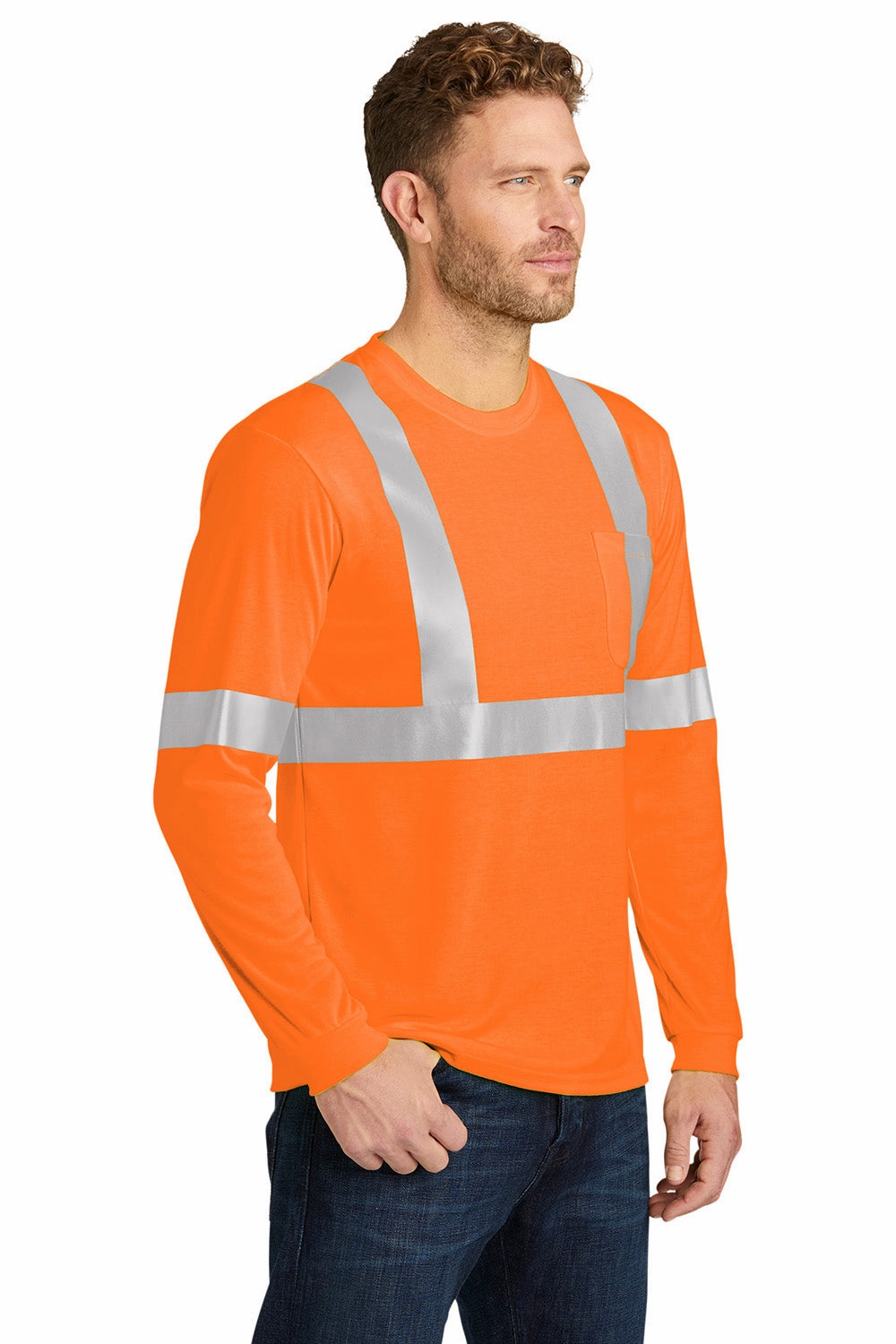 CornerStone Mens Moisture Wicking Long Sleeve Crewneck T-Shirt w/ Pocket - Safety Orange