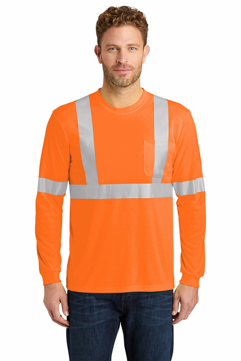 CornerStone Mens Moisture Wicking Long Sleeve Crewneck T-Shirt w/ Pocket - Safety Orange