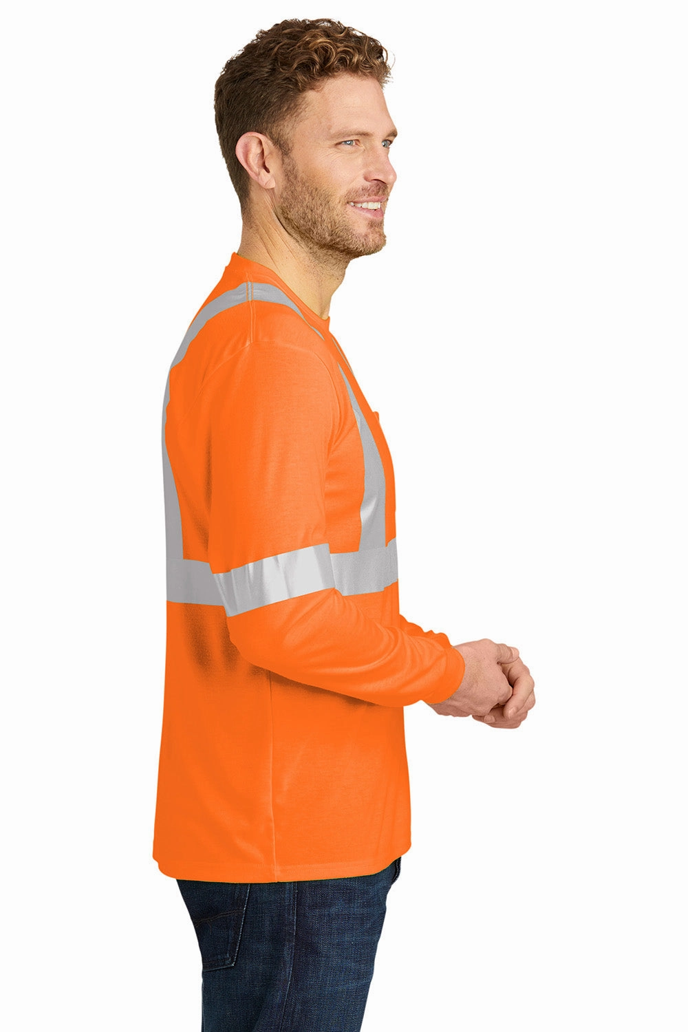 CornerStone Mens Moisture Wicking Long Sleeve Crewneck T-Shirt w/ Pocket - Safety Orange