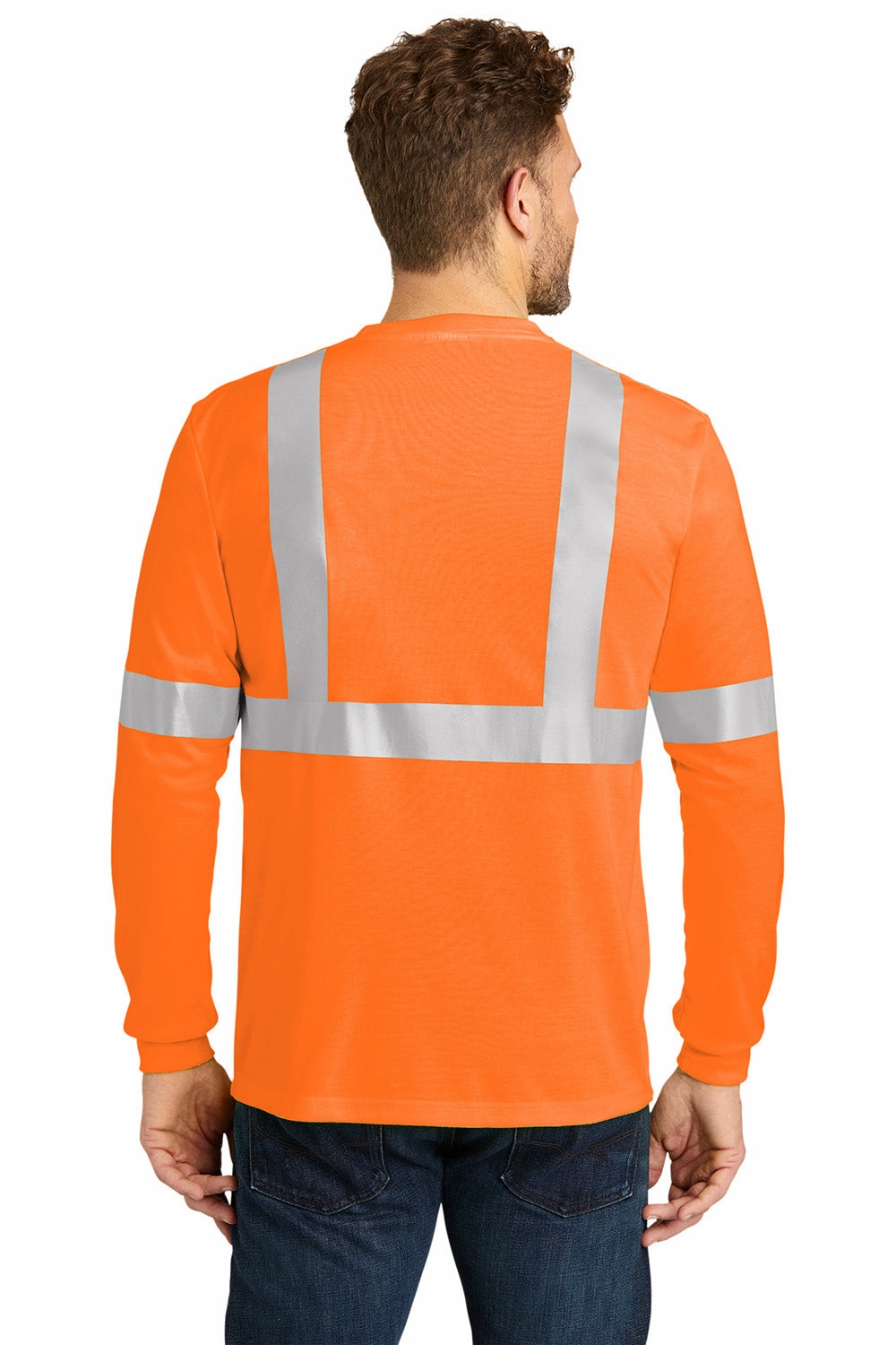 CornerStone Mens Moisture Wicking Long Sleeve Crewneck T-Shirt w/ Pocket - Safety Orange
