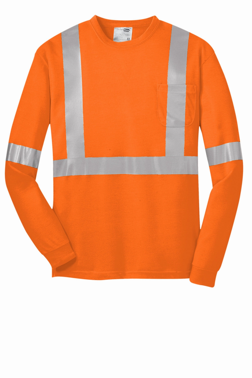 CornerStone Mens Moisture Wicking Long Sleeve Crewneck T-Shirt w/ Pocket - Safety Orange