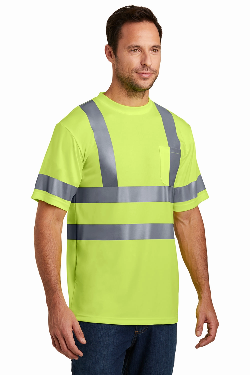 CornerStone Mens Moisture Wicking Short Sleeve Crewneck T-Shirt w/ Pocket - Safety Yellow
