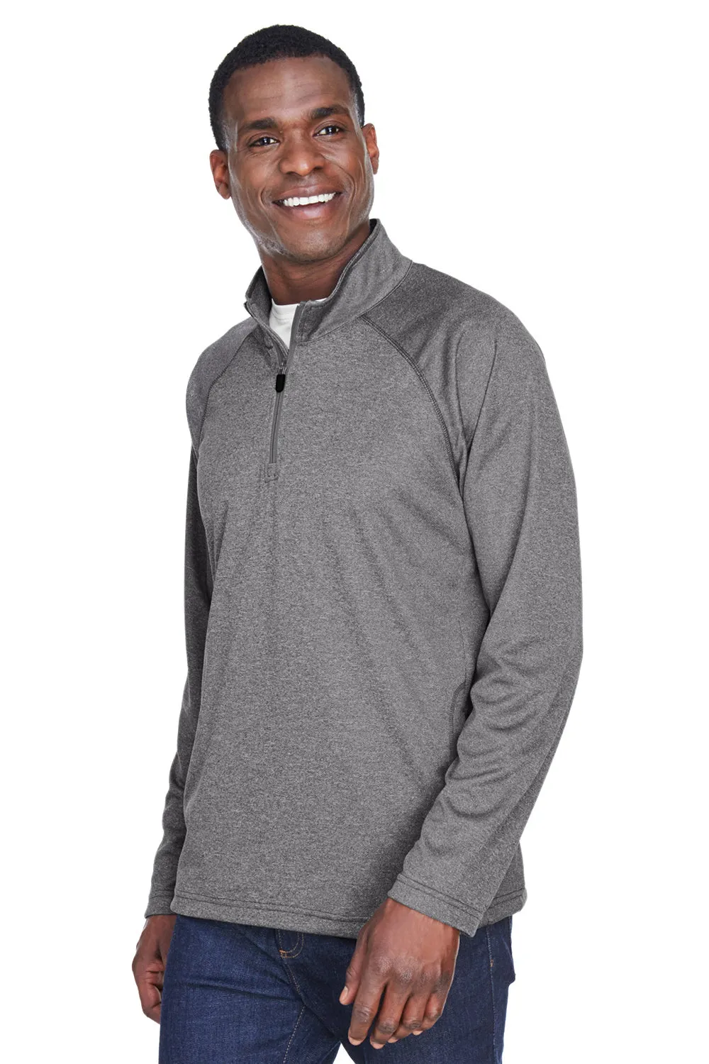 Devon & Jones Mens Compass Stretch Tech Moisture Wicking 1/4 Zip Sweatshirt w/ Pockets - Heather Dark Grey