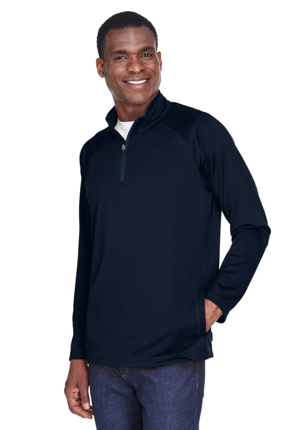 Devon & Jones Mens Compass Stretch Tech Moisture Wicking 1/4 Zip Sweatshirt w/ Pockets - Navy Blue