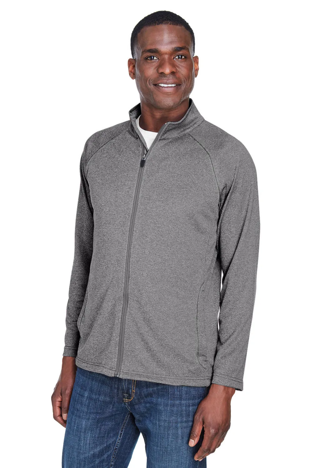 Devon & Jones Mens Compass Stretch Tech Moisture Wicking Full Zip Sweatshirt w/ Pockets - Heather Dark Grey