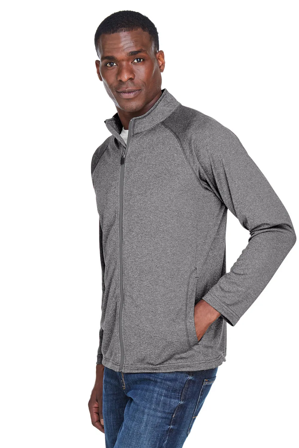 Devon & Jones Mens Compass Stretch Tech Moisture Wicking Full Zip Sweatshirt w/ Pockets - Heather Dark Grey