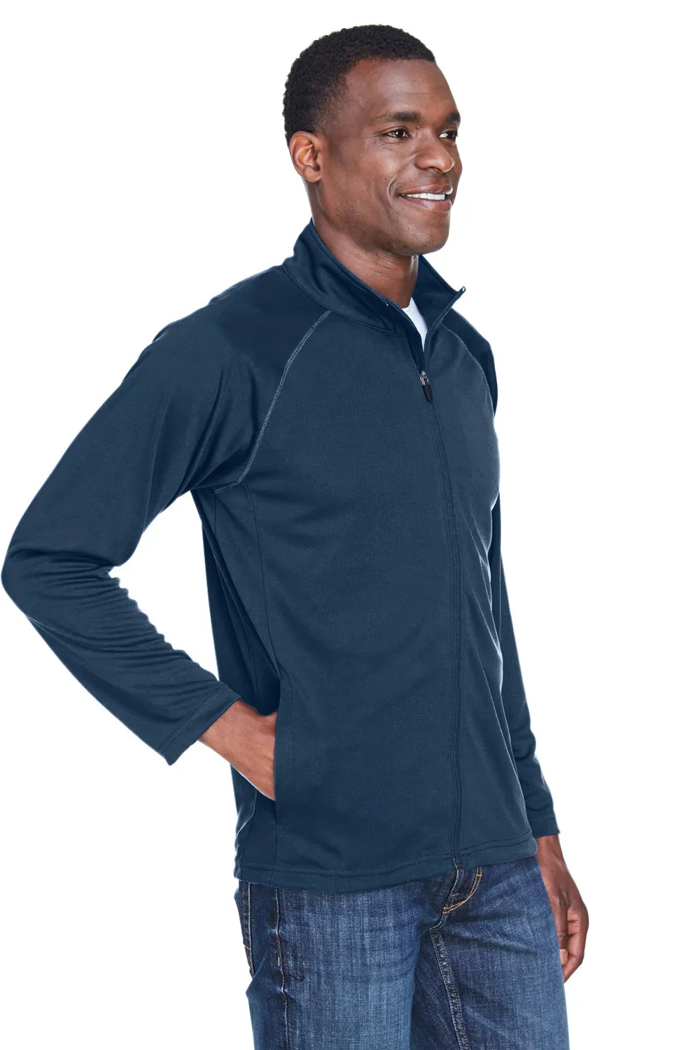 Devon & Jones Mens Compass Stretch Tech Moisture Wicking Full Zip Sweatshirt w/ Pockets - Heather Navy Blue