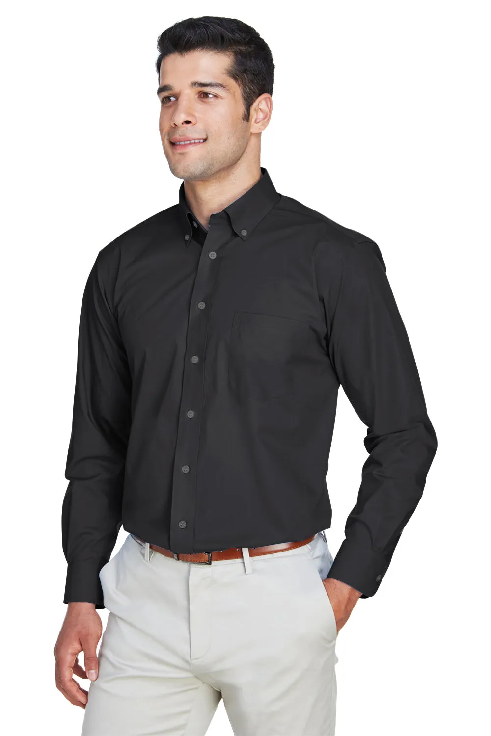 Devon & Jones Mens Crown Woven Collection Wrinkle Resistant Long Sleeve Button Down Shirt w/ Pocket - Black