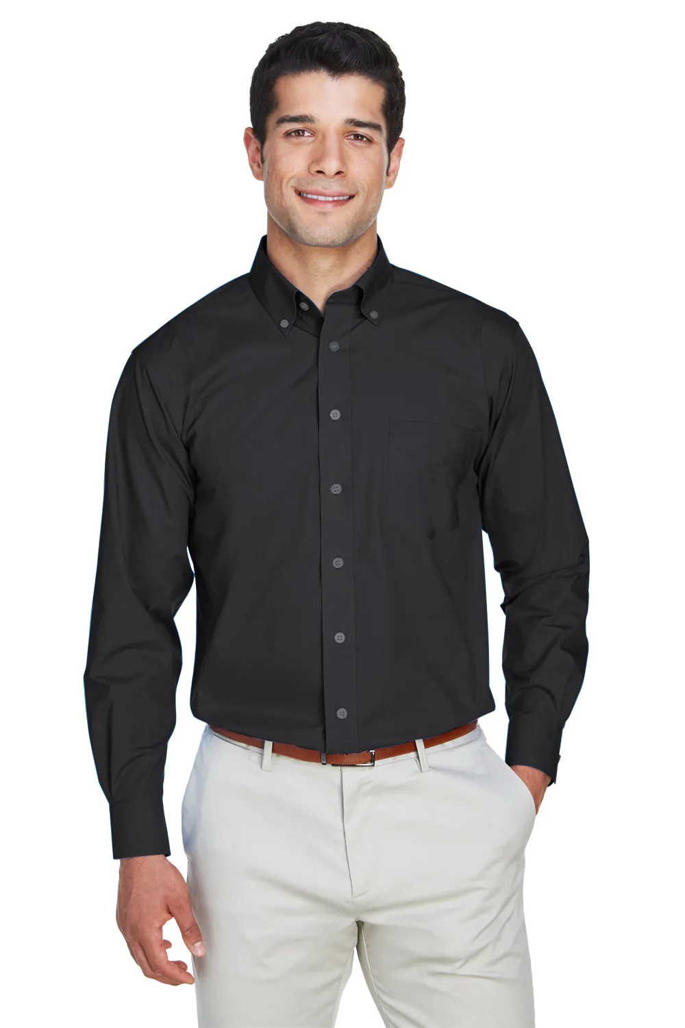 Devon & Jones Mens Crown Woven Collection Wrinkle Resistant Long Sleeve Button Down Shirt w/ Pocket - Black