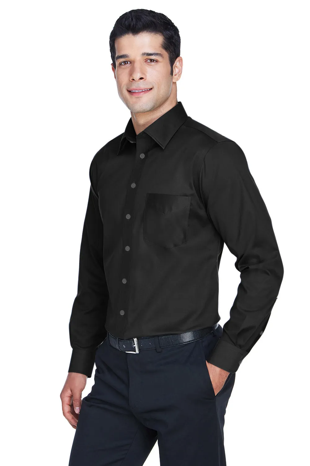 Devon & Jones Mens Crown Woven Collection Wrinkle Resistant Long Sleeve Button Down Shirt w/ Pocket - Black