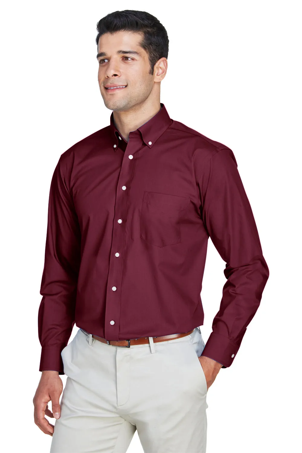 Devon & Jones Mens Crown Woven Collection Wrinkle Resistant Long Sleeve Button Down Shirt w/ Pocket - Burgundy