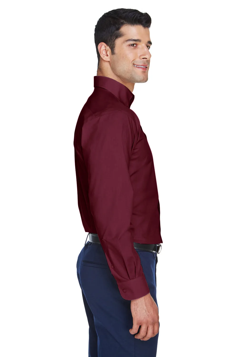 Devon & Jones Mens Crown Woven Collection Wrinkle Resistant Long Sleeve Button Down Shirt w/ Pocket - Burgundy