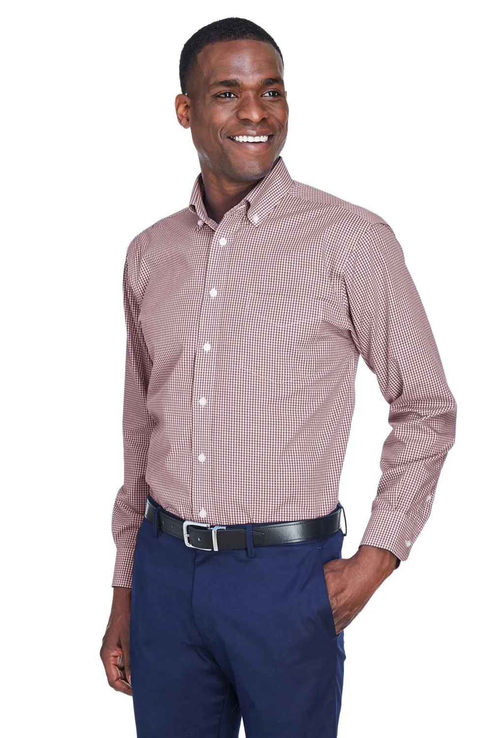 Devon & Jones Mens Crown Woven Collection Wrinkle Resistant Long Sleeve Button Down Shirt w/ Pocket - Burgundy