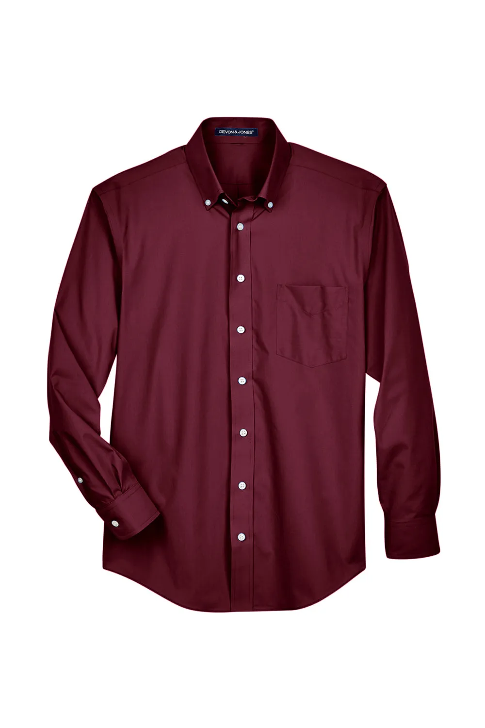 Devon & Jones Mens Crown Woven Collection Wrinkle Resistant Long Sleeve Button Down Shirt w/ Pocket - Burgundy
