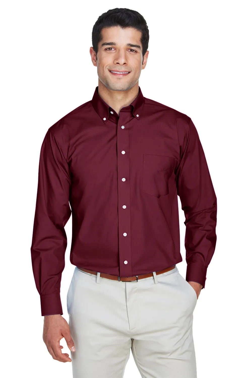 Devon & Jones Mens Crown Woven Collection Wrinkle Resistant Long Sleeve Button Down Shirt w/ Pocket - Burgundy