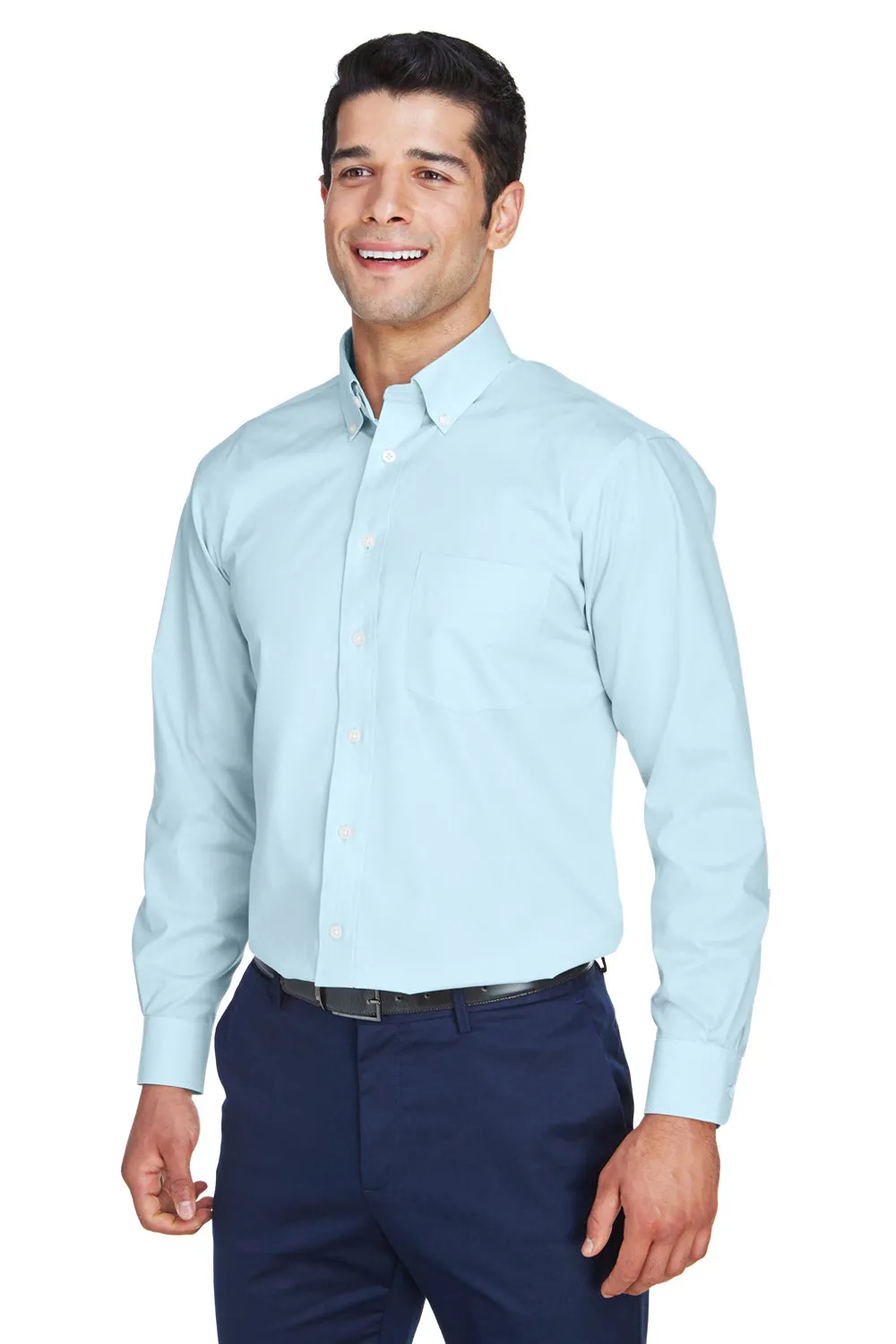 Devon & Jones Mens Crown Woven Collection Wrinkle Resistant Long Sleeve Button Down Shirt w/ Pocket - Crystal Blue
