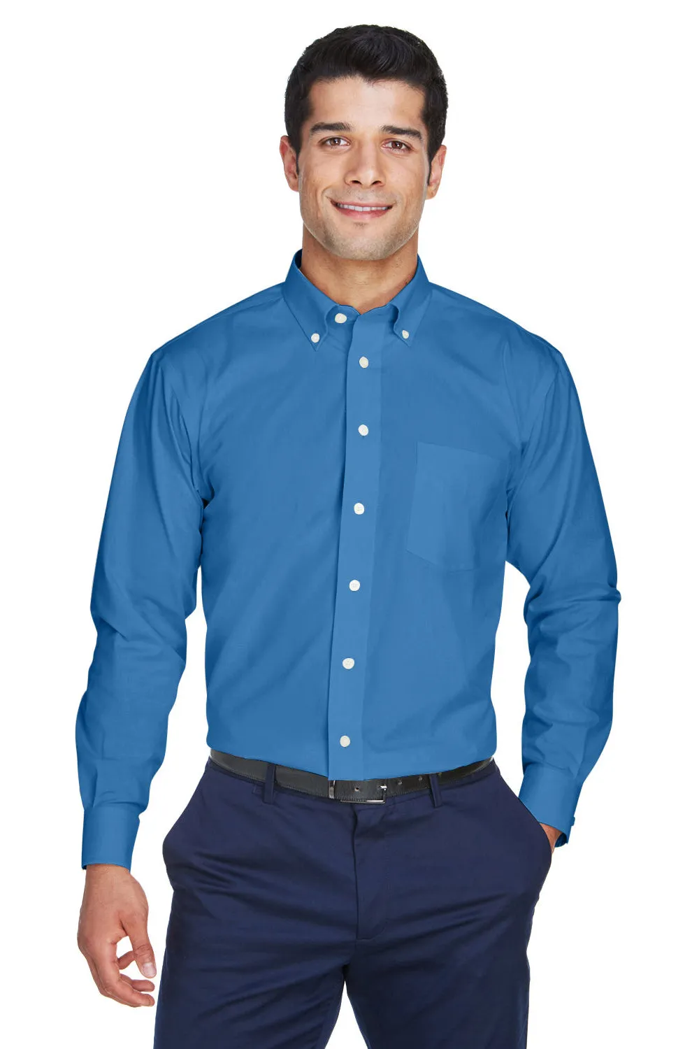 Devon & Jones Mens Crown Woven Collection Wrinkle Resistant Long Sleeve Button Down Shirt w/ Pocket - French Blue