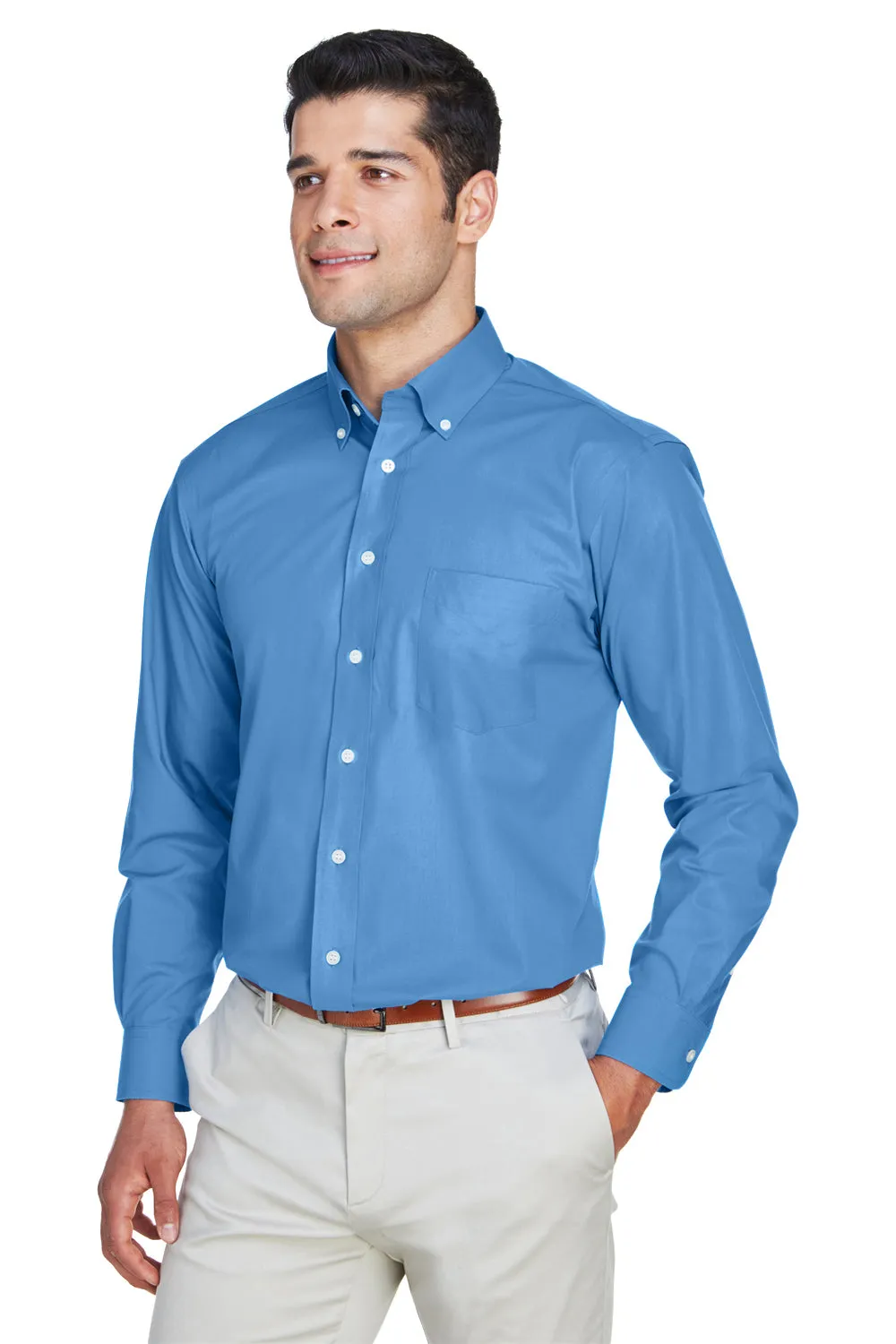 Devon & Jones Mens Crown Woven Collection Wrinkle Resistant Long Sleeve Button Down Shirt w/ Pocket - French Blue