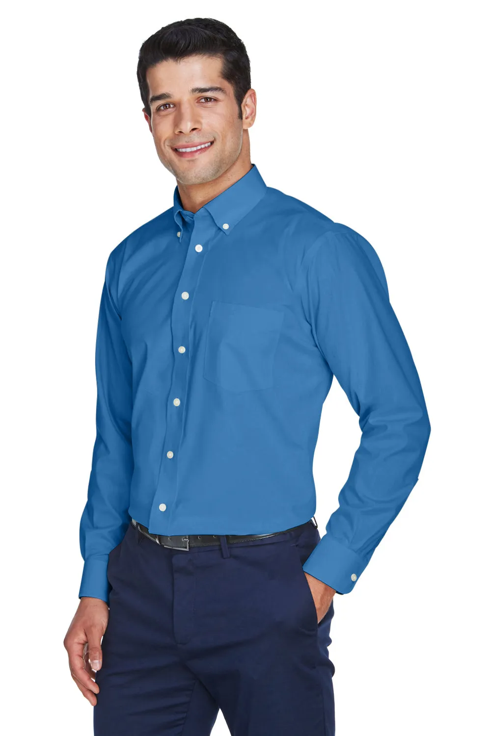 Devon & Jones Mens Crown Woven Collection Wrinkle Resistant Long Sleeve Button Down Shirt w/ Pocket - French Blue