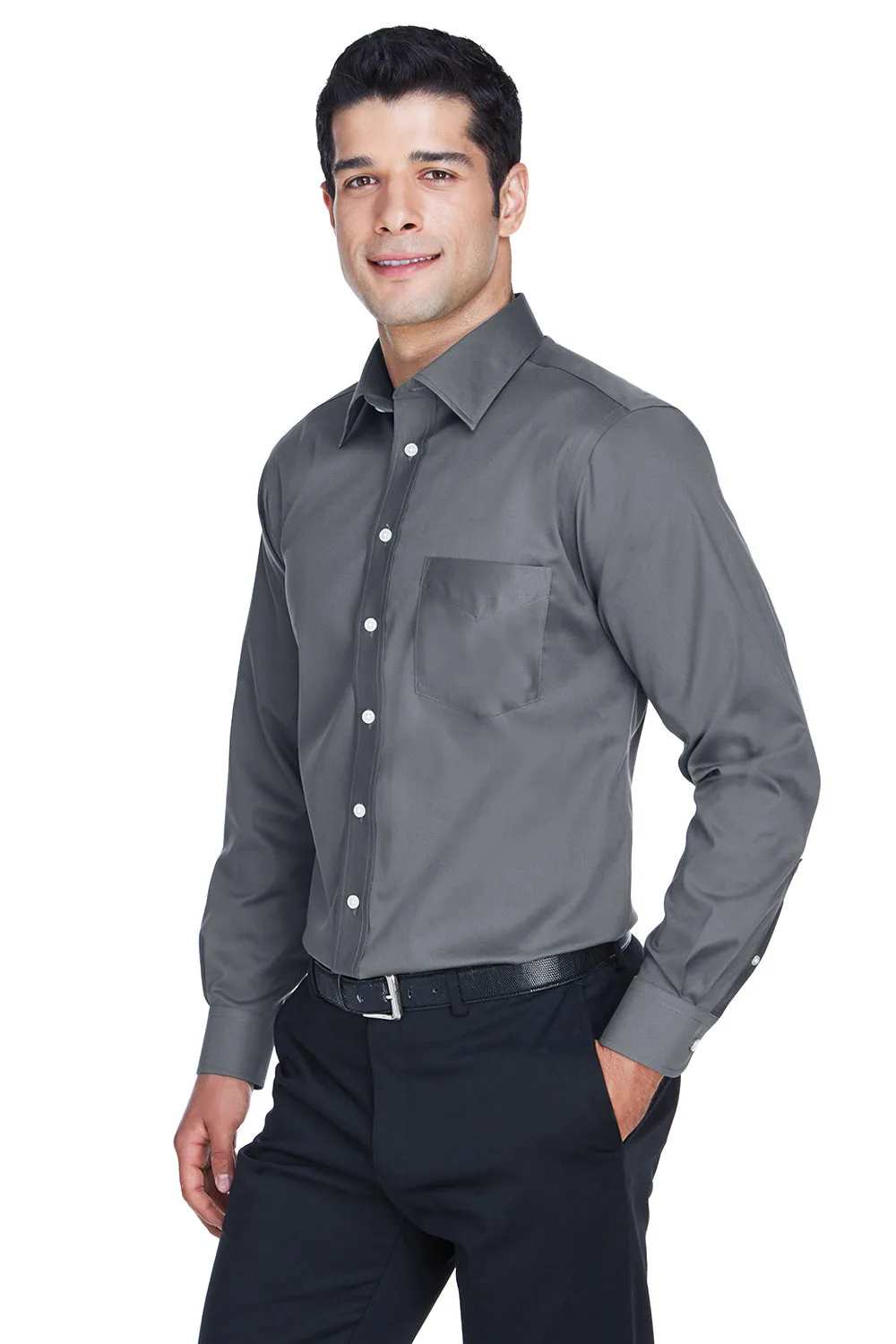 Devon & Jones Mens Crown Woven Collection Wrinkle Resistant Long Sleeve Button Down Shirt w/ Pocket - Graphite Grey