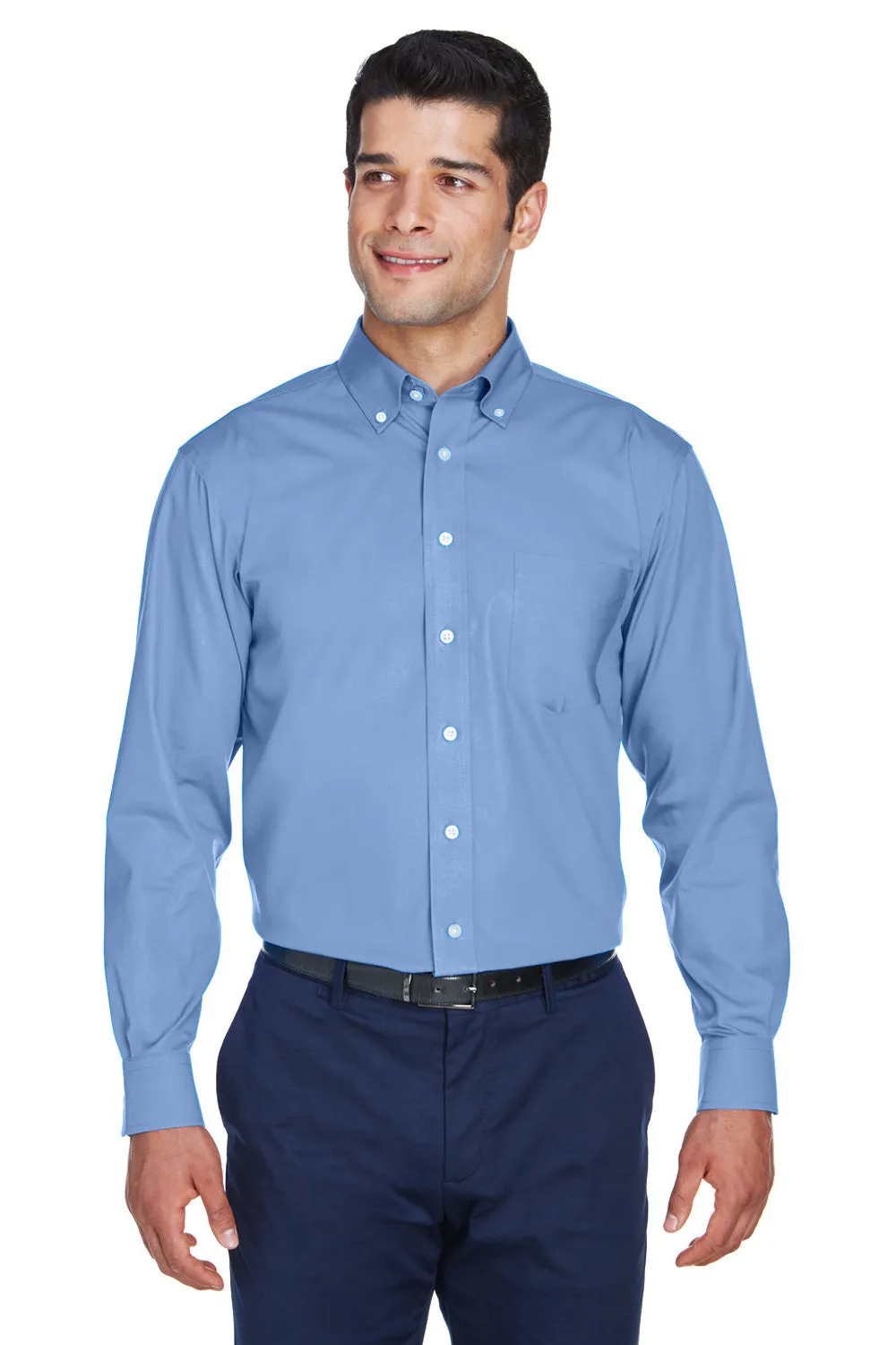 Devon & Jones Mens Crown Woven Collection Wrinkle Resistant Long Sleeve Button Down Shirt w/ Pocket - Light Blue