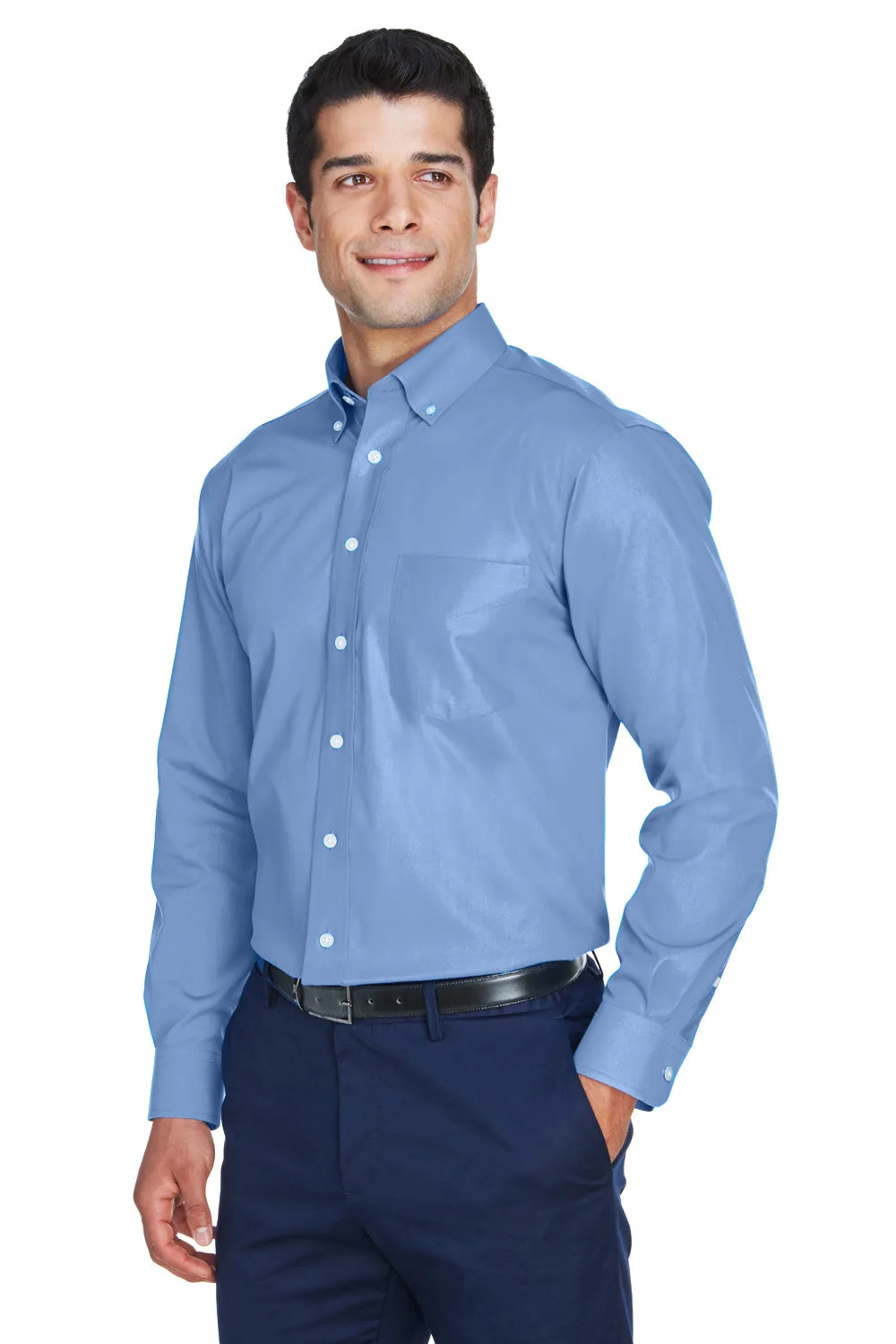 Devon & Jones Mens Crown Woven Collection Wrinkle Resistant Long Sleeve Button Down Shirt w/ Pocket - Light Blue