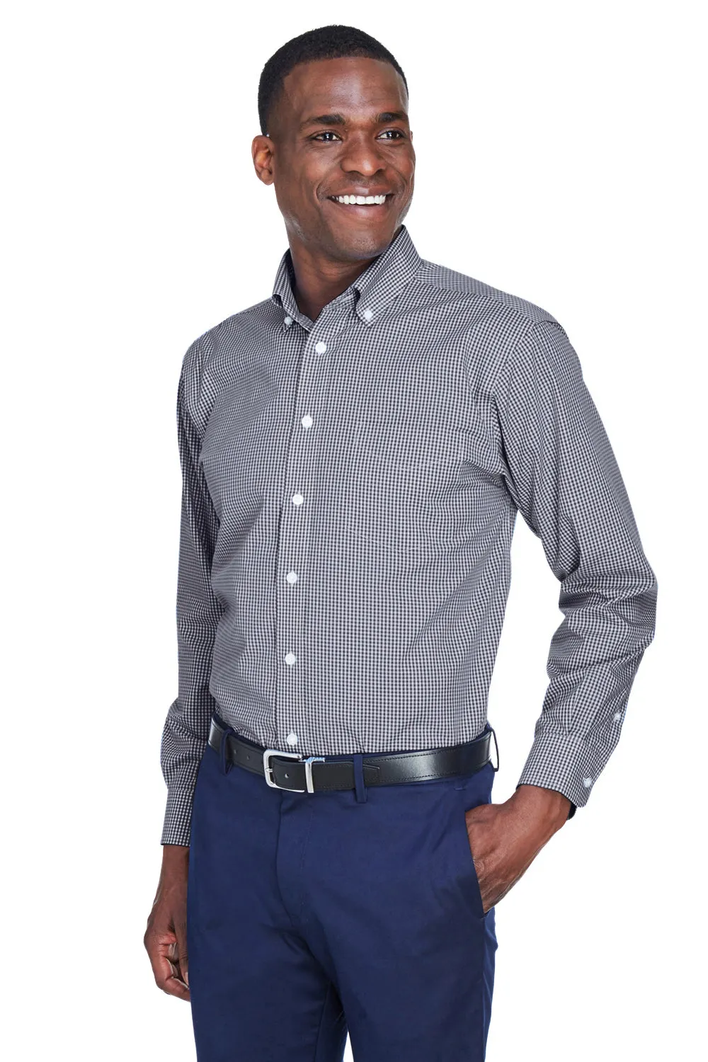 Devon & Jones Mens Crown Woven Collection Wrinkle Resistant Long Sleeve Button Down Shirt w/ Pocket - Navy Blue