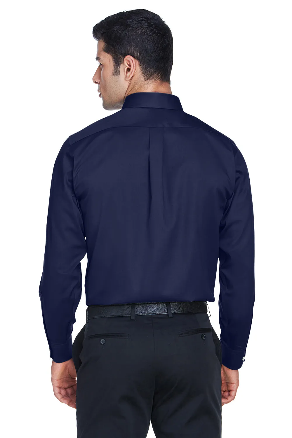 Devon & Jones Mens Crown Woven Collection Wrinkle Resistant Long Sleeve Button Down Shirt w/ Pocket - Navy Blue
