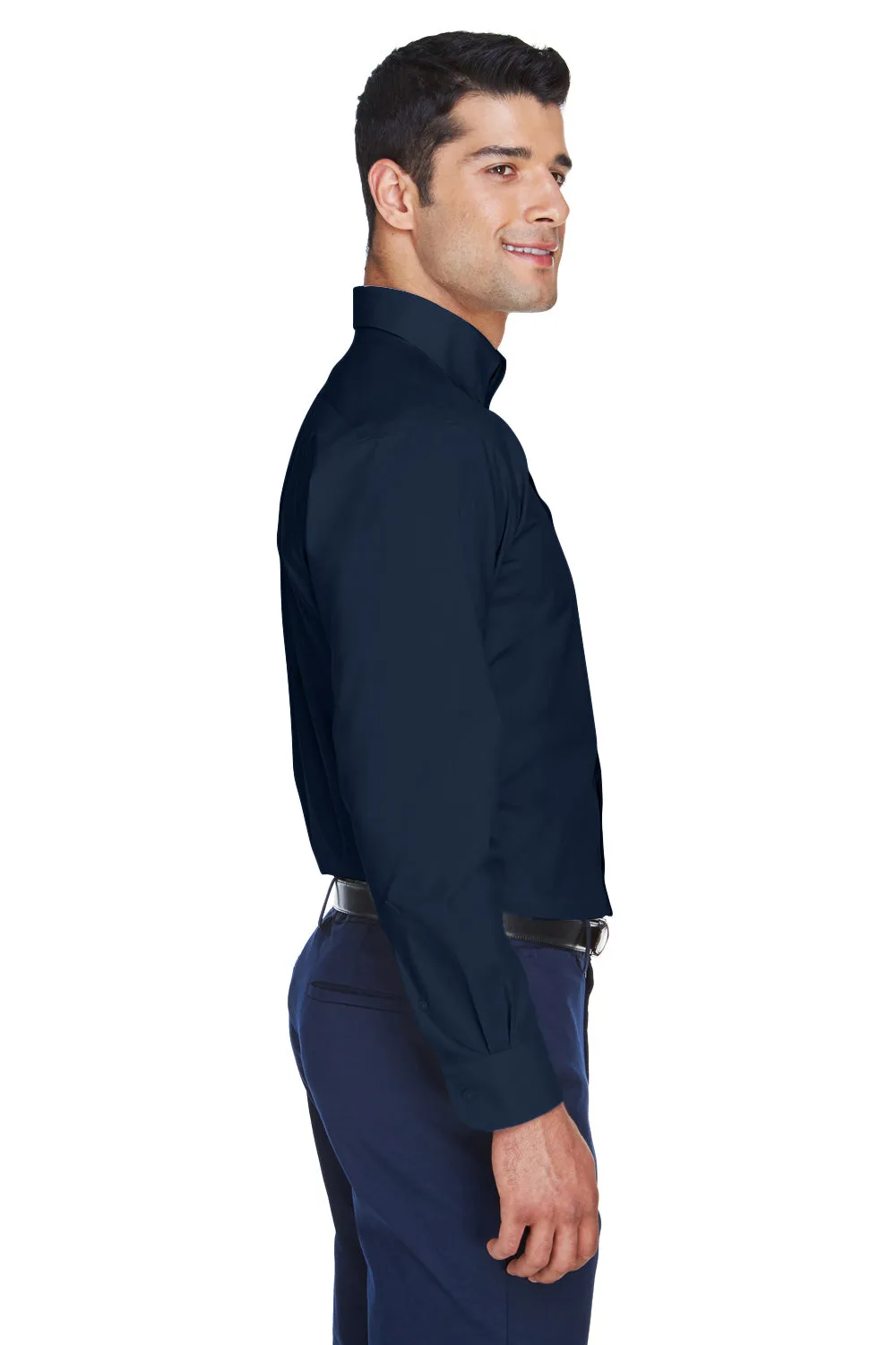 Devon & Jones Mens Crown Woven Collection Wrinkle Resistant Long Sleeve Button Down Shirt w/ Pocket - Navy Blue