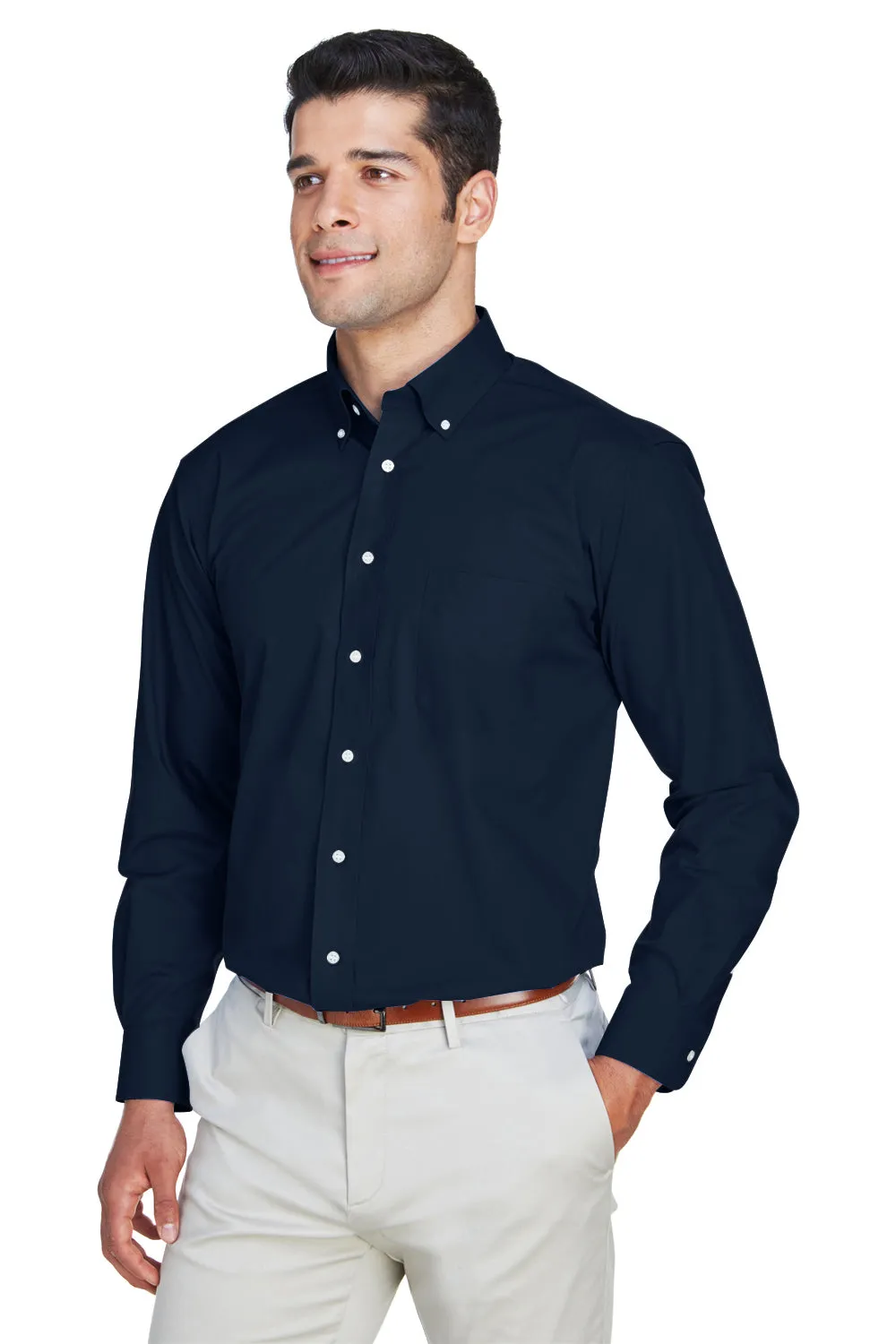 Devon & Jones Mens Crown Woven Collection Wrinkle Resistant Long Sleeve Button Down Shirt w/ Pocket - Navy Blue